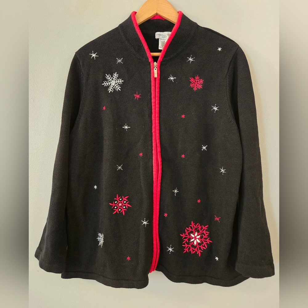 Vintage Carroll Reed Christmas Zipped Sweater Black, Snowflakes,‎ Size L